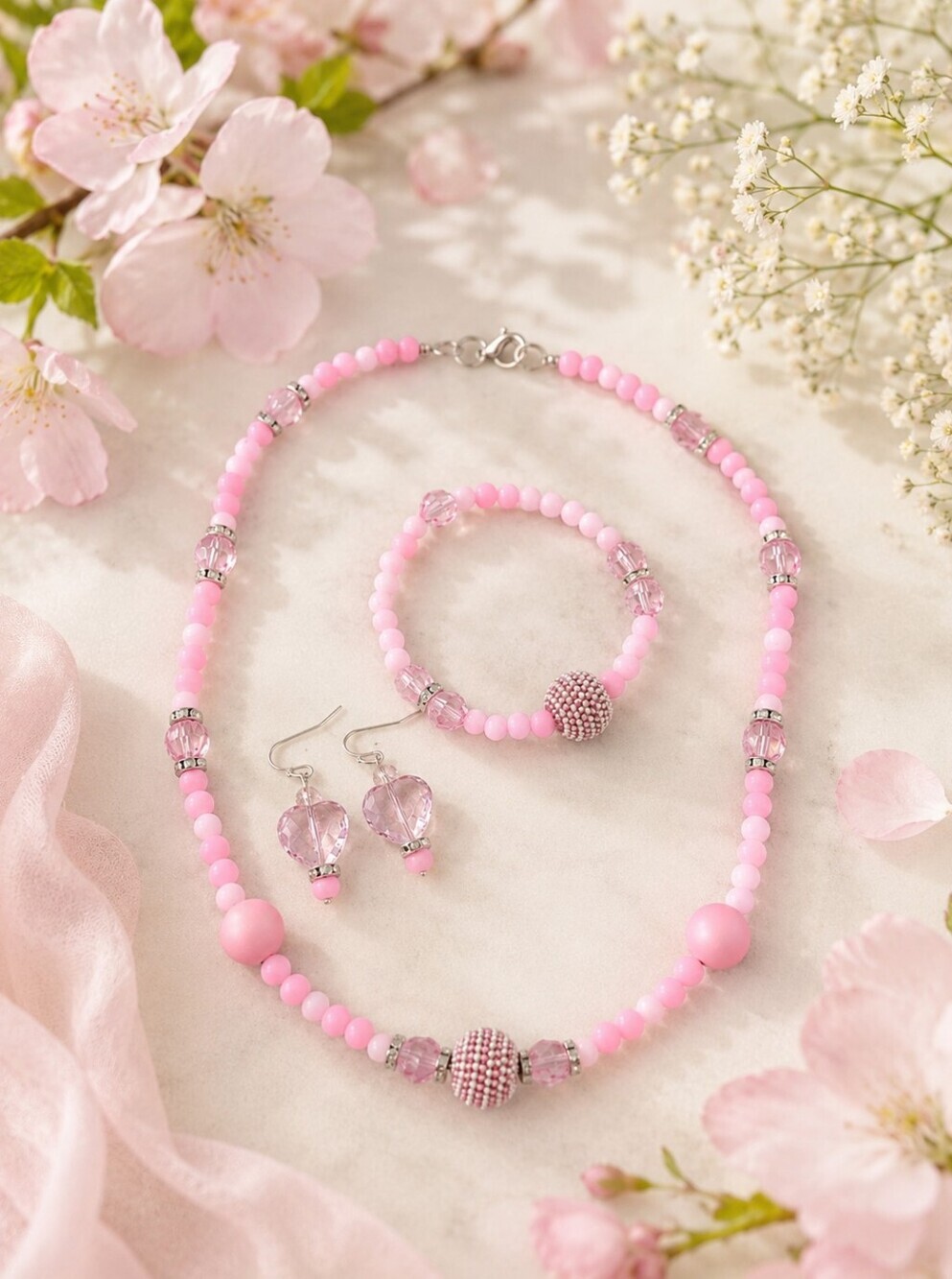 Pink Beaded Jewelry Set Necklace Bracelet Earrings Spring Bloom Collection